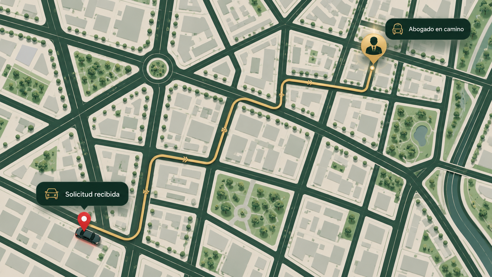 Ilustración del recorrido de asistencia: un conductor y un abogado conectados por una ruta dorada.