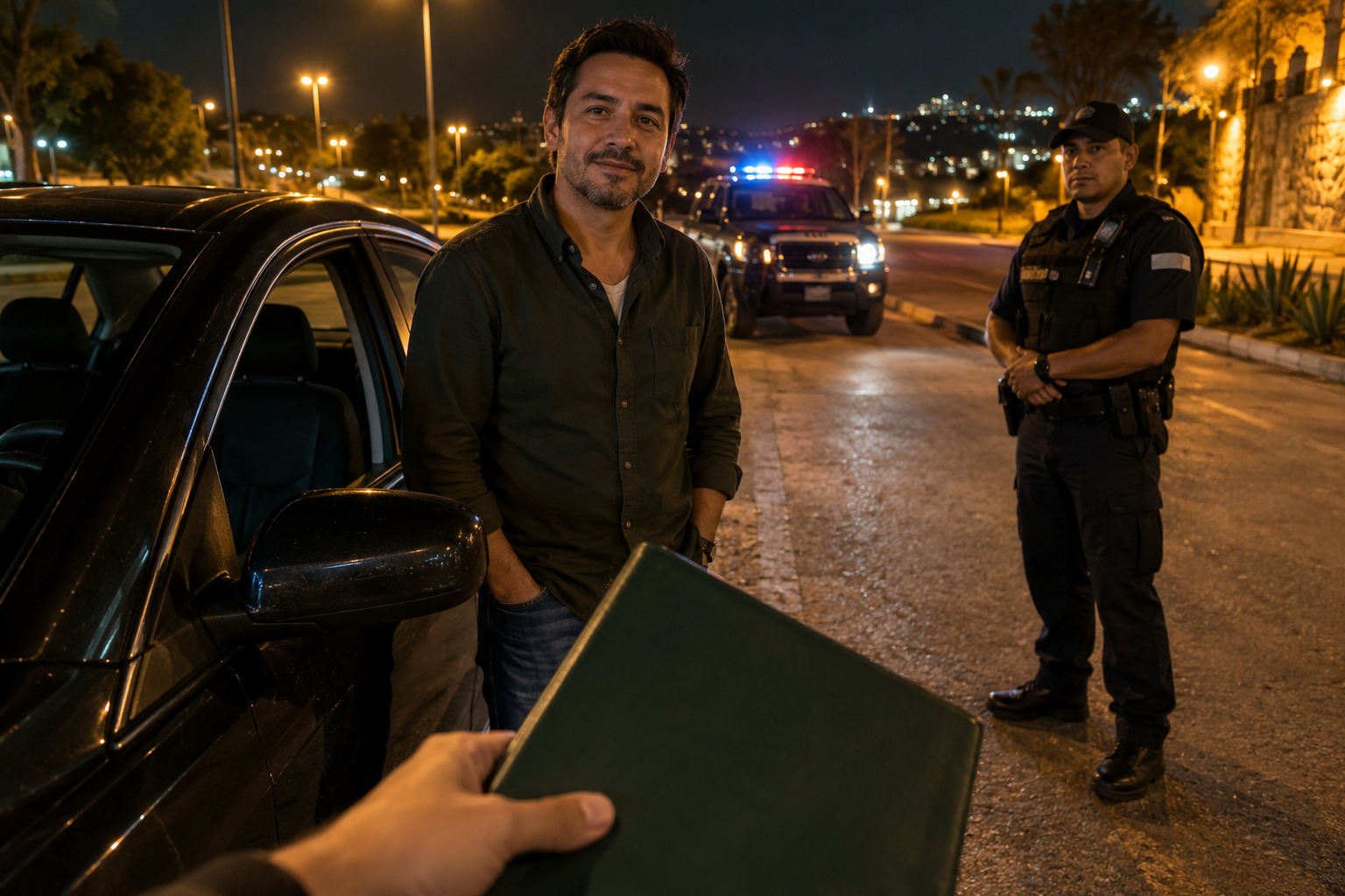 Escena de atención presencial desde la perspectiva del abogado al llegar junto al conductor y su vehículo.
