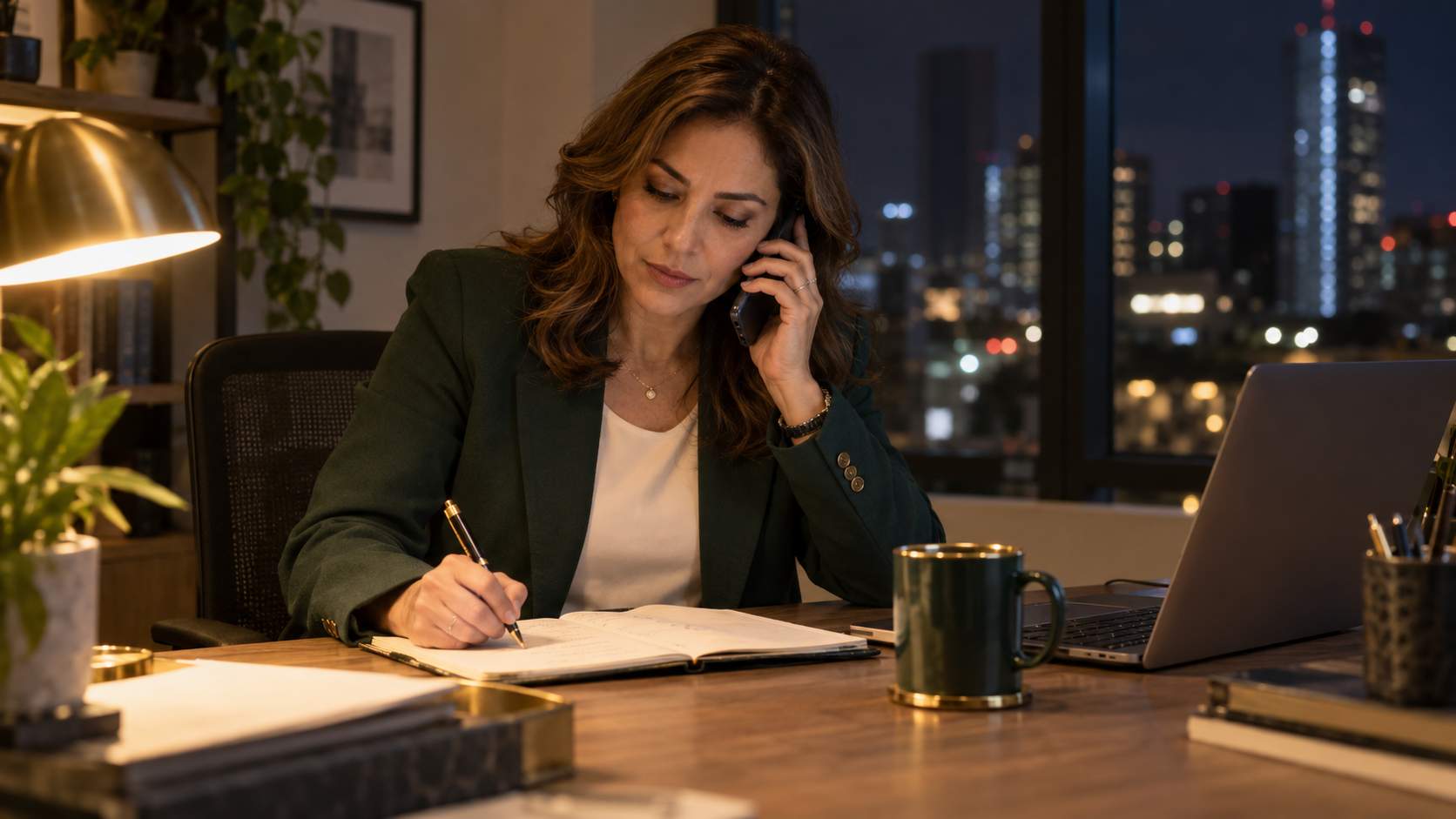 Abogada escuchando una llamada y tomando notas en su escritorio