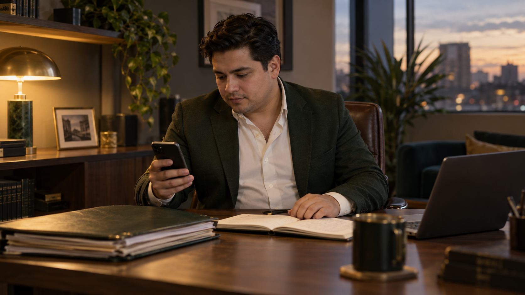 Abogado joven revisando una solicitud y sus notas en el escritorio.